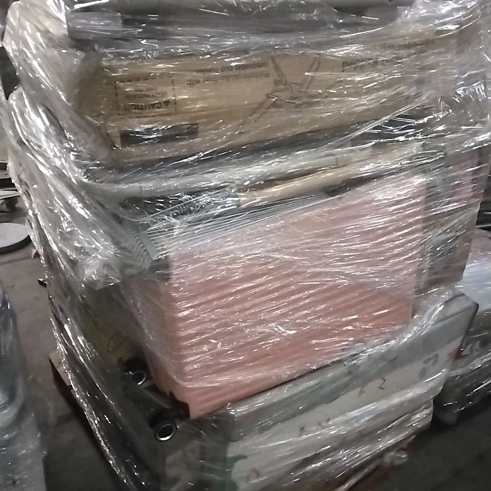 PALLET CONTAINING A LARGE QUANTITY OF ASSORTED HOUSEHOLD GOODS WHICH INCLUDE; SUN LOUNGERS, SUITCASES, GRAVITY CHAIRS, PARASOLS ETC