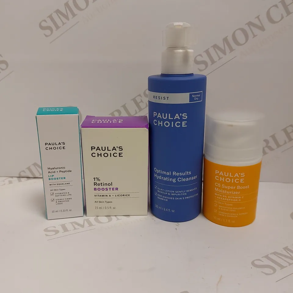 LOT OF 4 ASSORTED PAULA'S CHOICE PRODUCTS TO INCLUDE RETINOL BOOSTER 15ML, HYDRATING CLEANSER 190ML, C5 SUPER BOOST MOISTURIZER 50ML, ETC