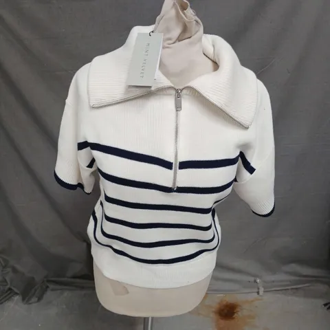 MINT VELVET STRIPE COTTON TABARD IN WHITE/NAVY SIZE S