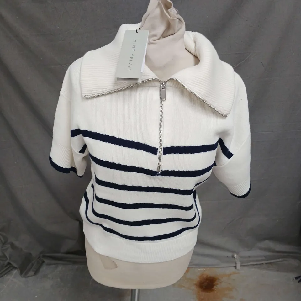 MINT VELVET STRIPE COTTON TABARD IN WHITE/NAVY SIZE S