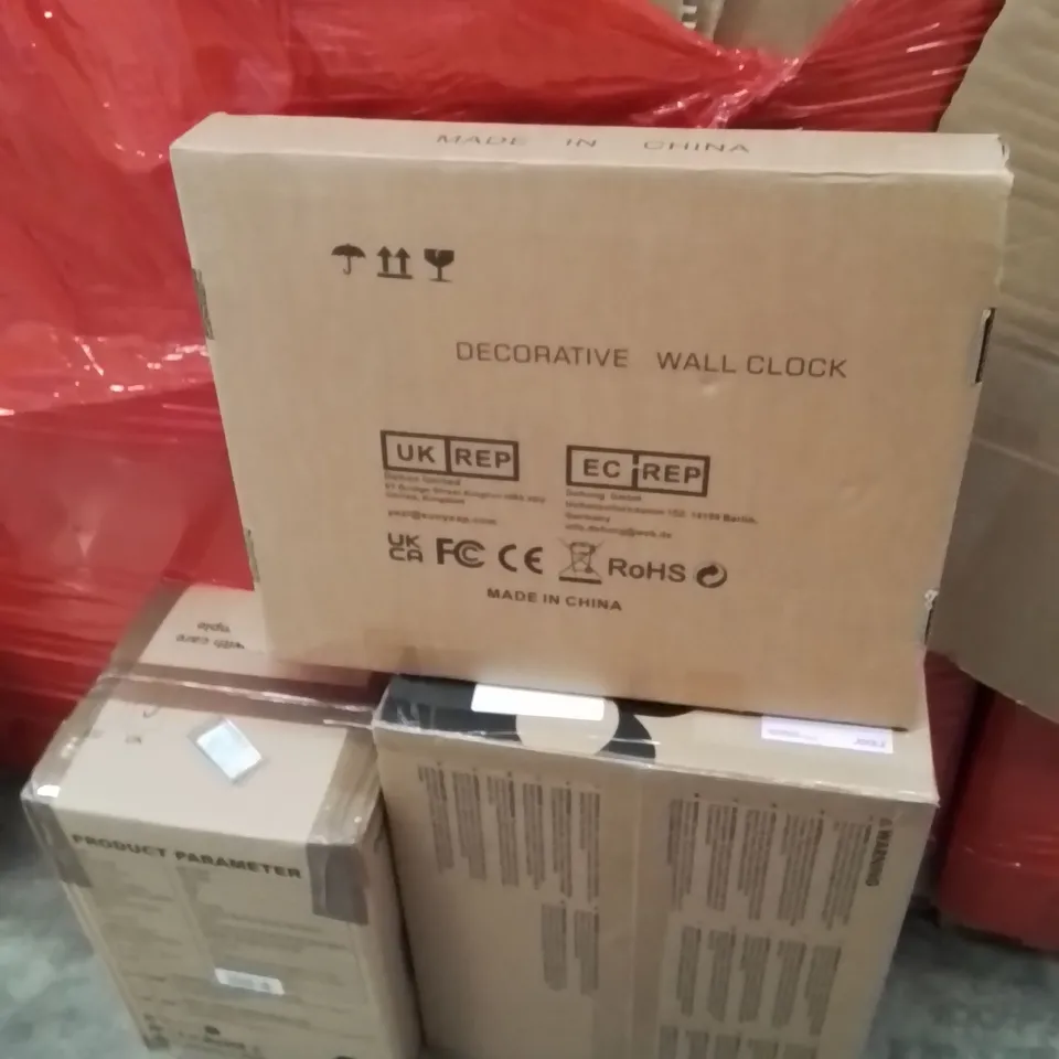 PALLET OF ASSORTED HOUSEHOLD GOODS AND PRODUCTS TO INCLUDE;AIR COOLER,CLOCK,BABY WALKER