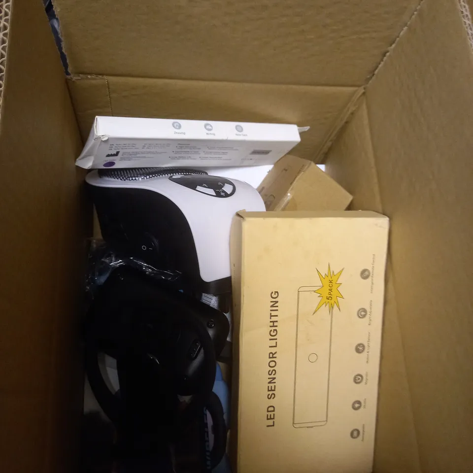 BOX OF APPROXIMATELY 5 ASSORTED ITEMS TO INCLUDE STYLUS PEN, PORTABLE HEATER, HEADLAMP ETC