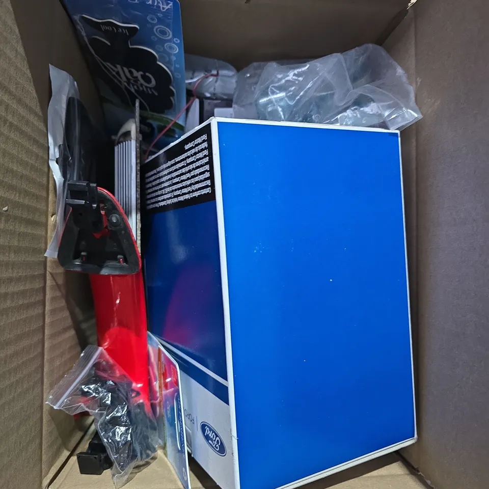 BOX OF ASSORTED ITEMS TO INCLUDE FILTER - DOOR HANDLE - SPARK PLUG 
