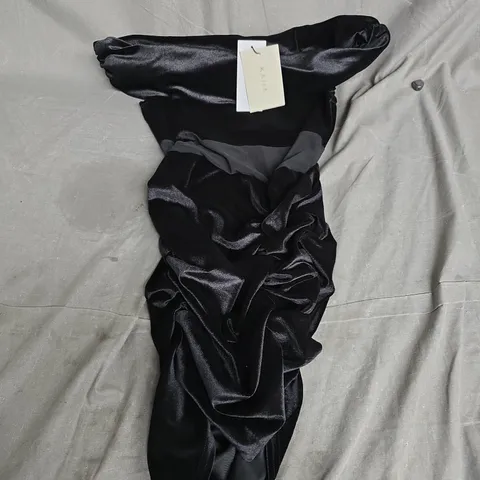 KAIIA VELVET BARDOT MESH INSERT RUCHING DETAIL MINI DRESS IN BLACK - UK 10