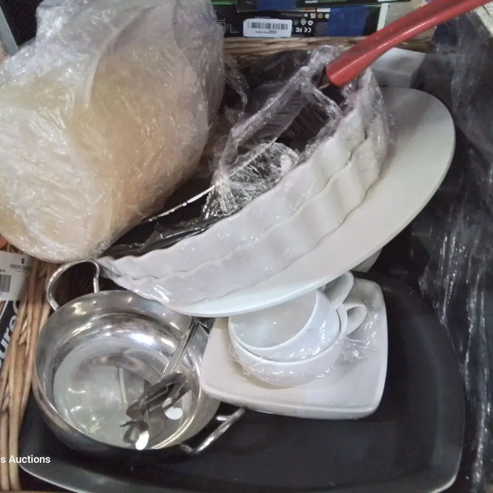 WICKER BREAD BASKET & 2 BIXES OF ASSORTED CROCKERY & CATERING SUNDRIES