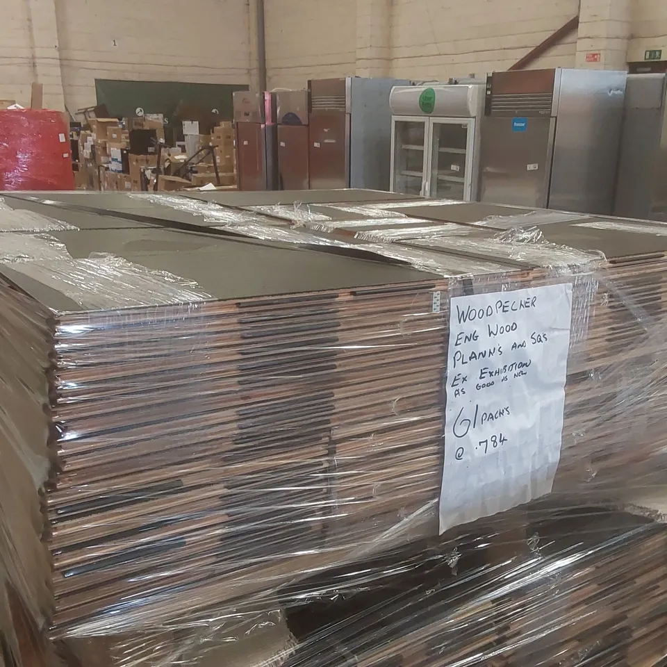 PALLET CONTAINING APPROXIMATELY 61x PACKS OF BRAND NEW WOOD PECKER ENG WOOD PLANKS AND SQ'S