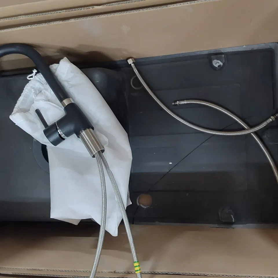 BLACK CERAMIC SINGLE BOWL SINK & DRAINER & MATT BLACK KITCHEN MIXER TAP