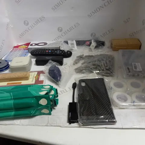LOT OF ASSORTED HOUSEHOLD GOODS TO INCLUDE BEEMAX LUNCH PACK, SKY TV REMOTE, AND WHITE ROLL TAPES ETC.