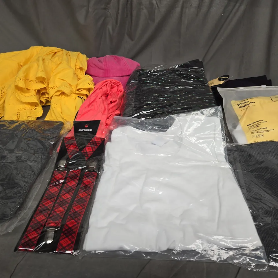 LARGE BOX OF ASSORTED CLOTHING ITEMS IN VARIOUS COLOURS, SIZES AND STYLES