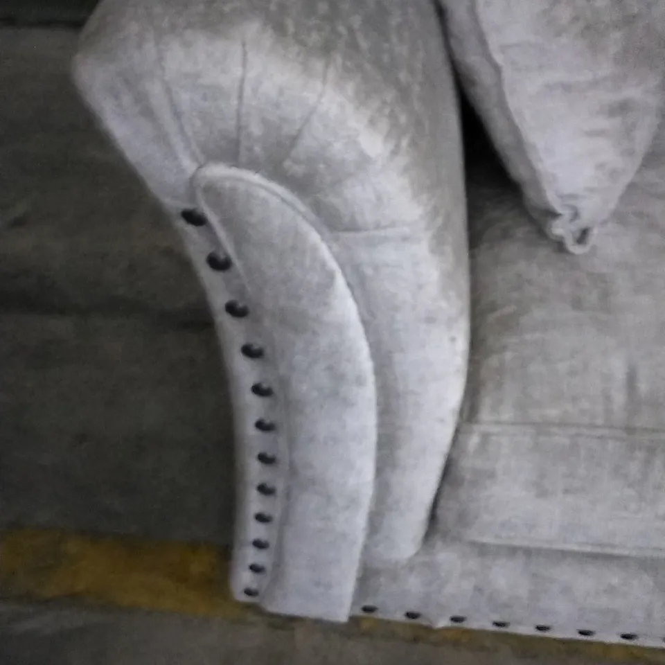 DESIGNER VESPER GREY FABRIC THREE SEATER SOFA WITH STUDDED ARM DETAIL