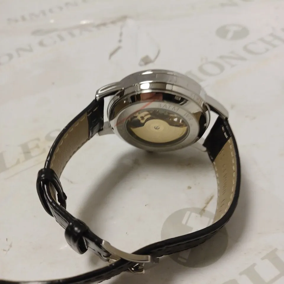 MENS VONLANTHEN AUTOMATIC WATCH – SILVER AND BLUE TEXTURED DIAL - GLASS EXHIBITION BACKCASE – BLACK LEATHER STRAP