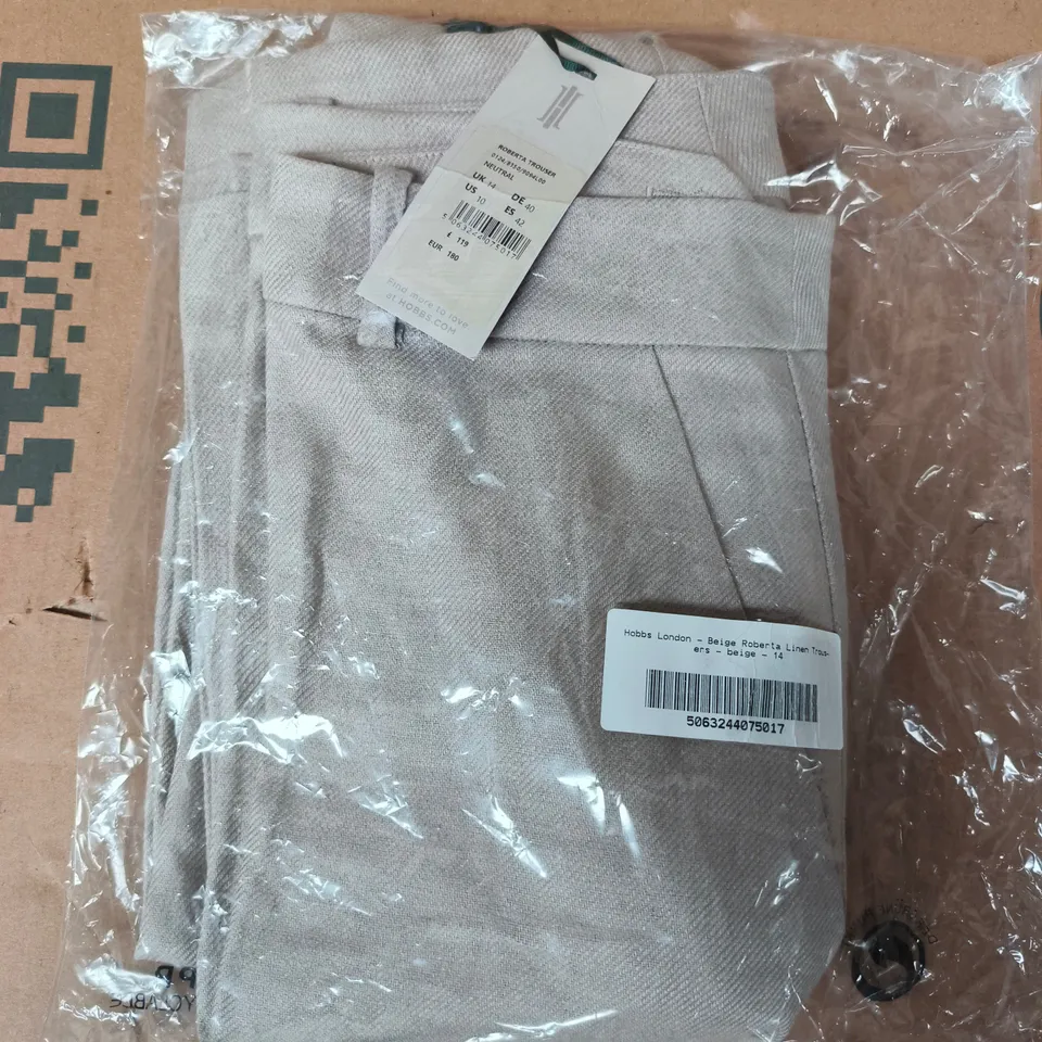 BAGGED HOBBS LONDON ROBERTA LINEN TROUSERS IN BEIGE SIZE UK 14