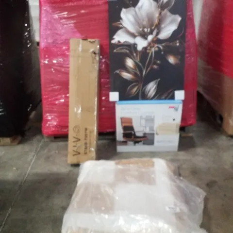 PALLET OF ASSORTED HOUSEHOLD GOODS AND PRODUCTS TO INCLUDE;ALL IN ONE COMFORT CUSHION,CANVAS PRINT,RUGS,MOBILE TV CART