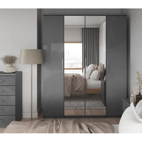 BOXED PRAGUE MIRROR/BLACK 4 DOOR WARDROBE (4 BOXES)