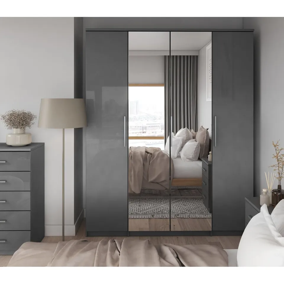 BOXED PRAGUE MIRROR/BLACK 4 DOOR WARDROBE (4 BOXES) RRP £529