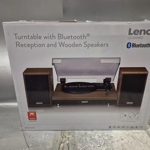 BOXED LENCO LS-100WD BELT DRIVE TURNTABLE WITH WOODEN SPEAKERS