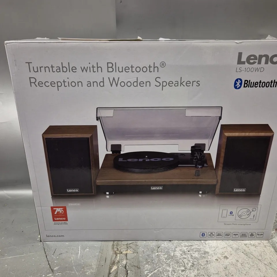 BOXED LENCO LS-100WD BELT DRIVE TURNTABLE WITH WOODEN SPEAKERS