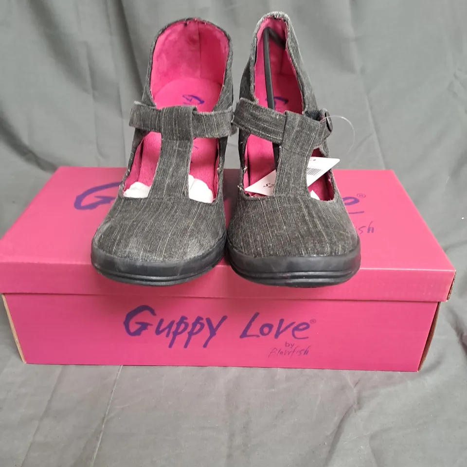 BOXED LOT OF 12 PAIRS OF GUPPY LOVE LADIES WEDGE HEEL SHOES. VARIOUS SIZES