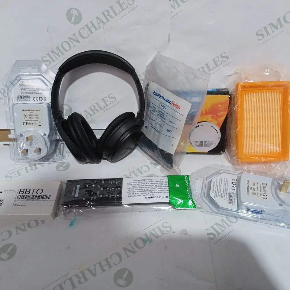 BOX TO CONTAIN APPROXIMATELY 25 ASSORTED HOUSEHOLD PRODUCTS, INCLUDES HEADPHONES, REMOTE, SMOKE ALARM ETC