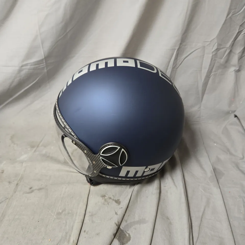 MOMO DESIGN BLUE OPEN-FACE MOTORCYCLE HELMET WITH WHITE LETTERING AND CLEAR VISOR