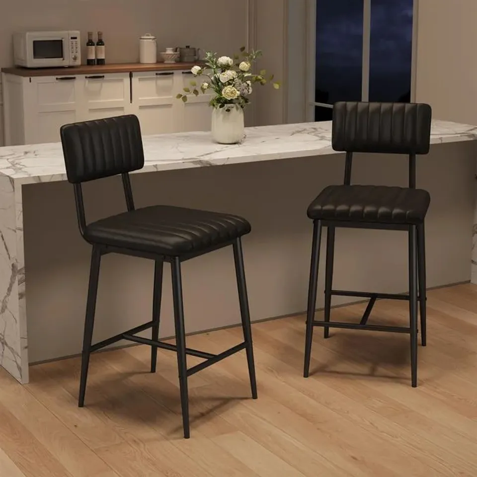 BOXED GARVEE BAR STOOLS SET OF 2 WITH THICK CUSHION AND METAL LEGS, BLACK, 25.6 INCH