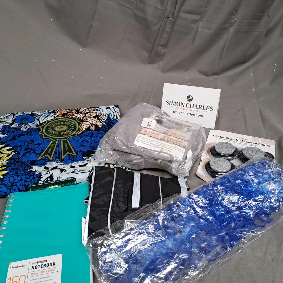 APPROXIMATELY 10 ASSORTED HOUSEHOLD PRODUCTS TO INCLUDE CASTOR CUPS, NOTEBOOK, FABRIC ETC