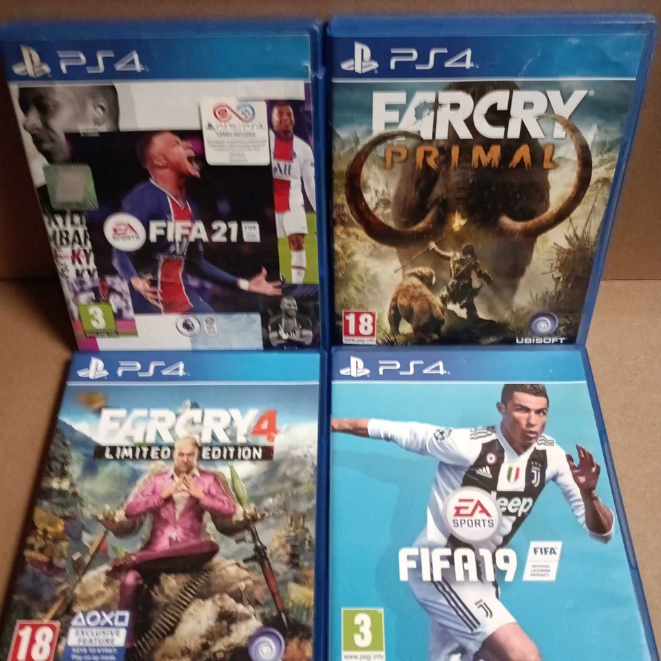 4 X ASSORTED PS4 GAMES TO INCLUDE FAR CRY 4, FIFA 21, FIFA 19 ETC 