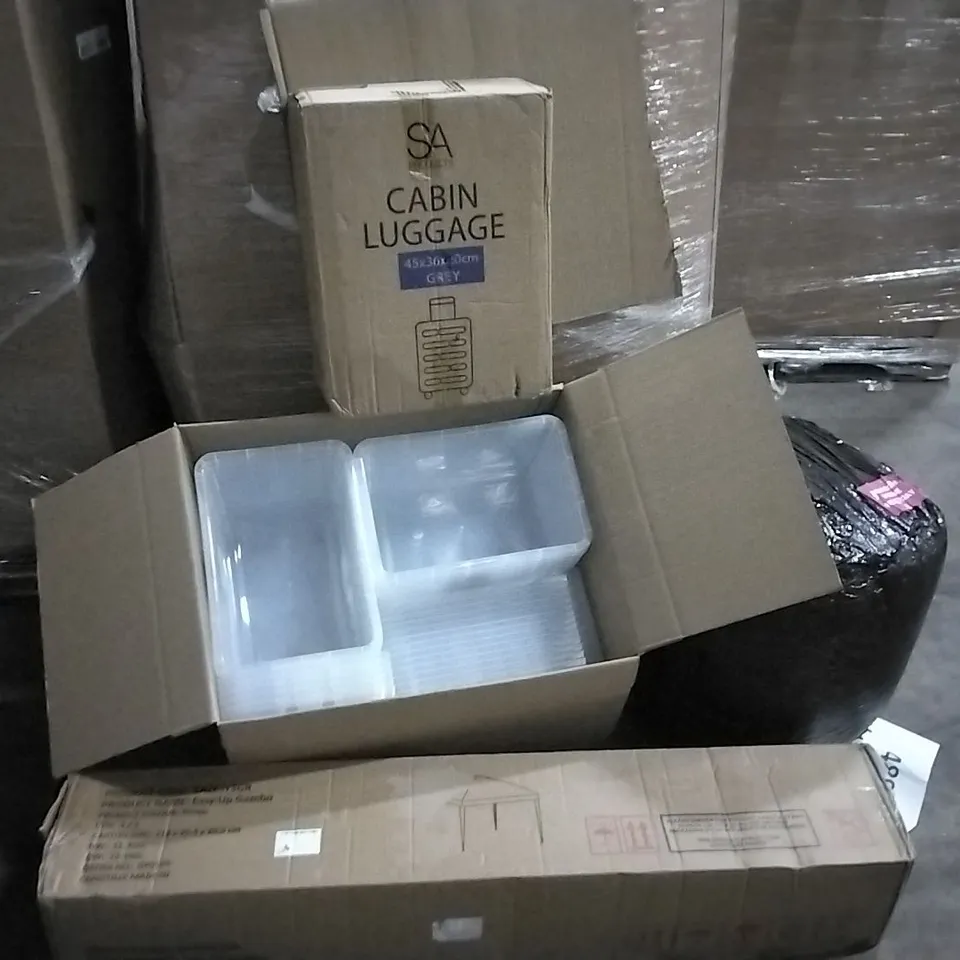PALLET CONTAINING VARIOUS ASSORTED ITEMS TO INCLUDE: SEVERAL TUPERWARE BOXES AND LIDS, GAZEBO, CABIN LUGGAGE SUITCASE, ETC.