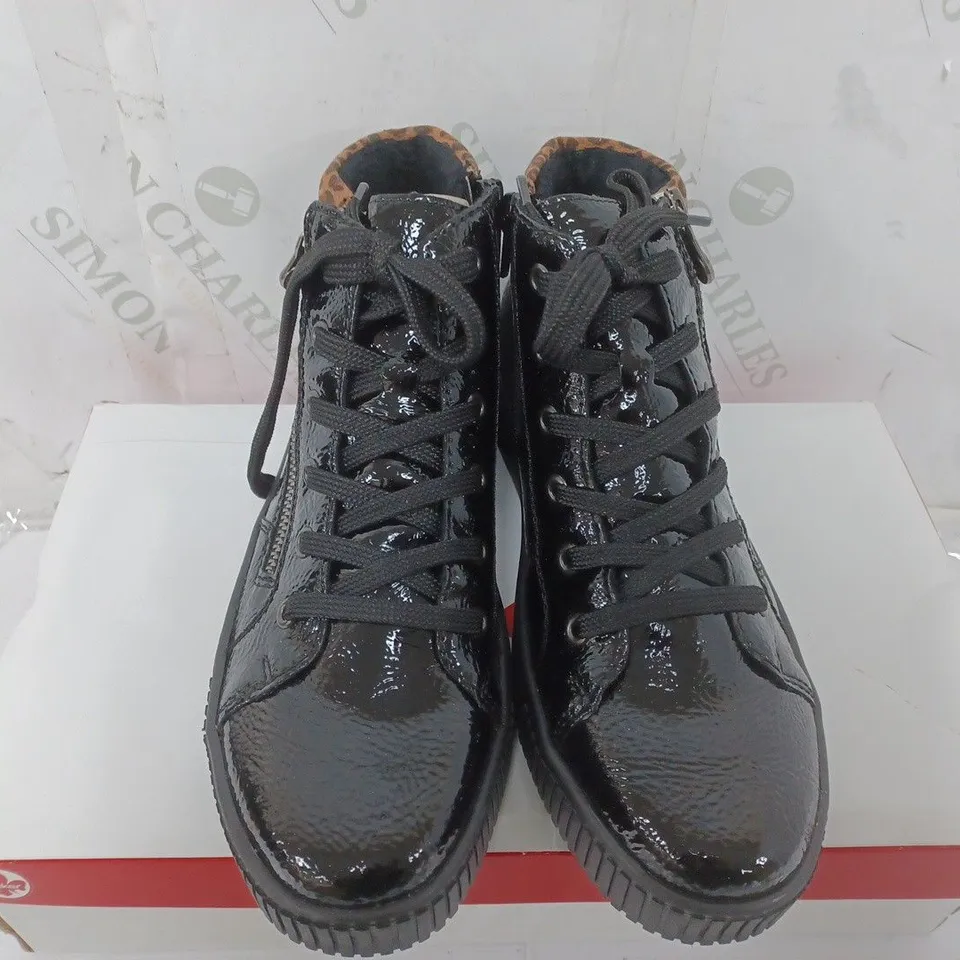 BOXED PAIR OF RIEKER HIGH TOP LEOPARD CUFF TRAINERS BLACK - SIZE 38