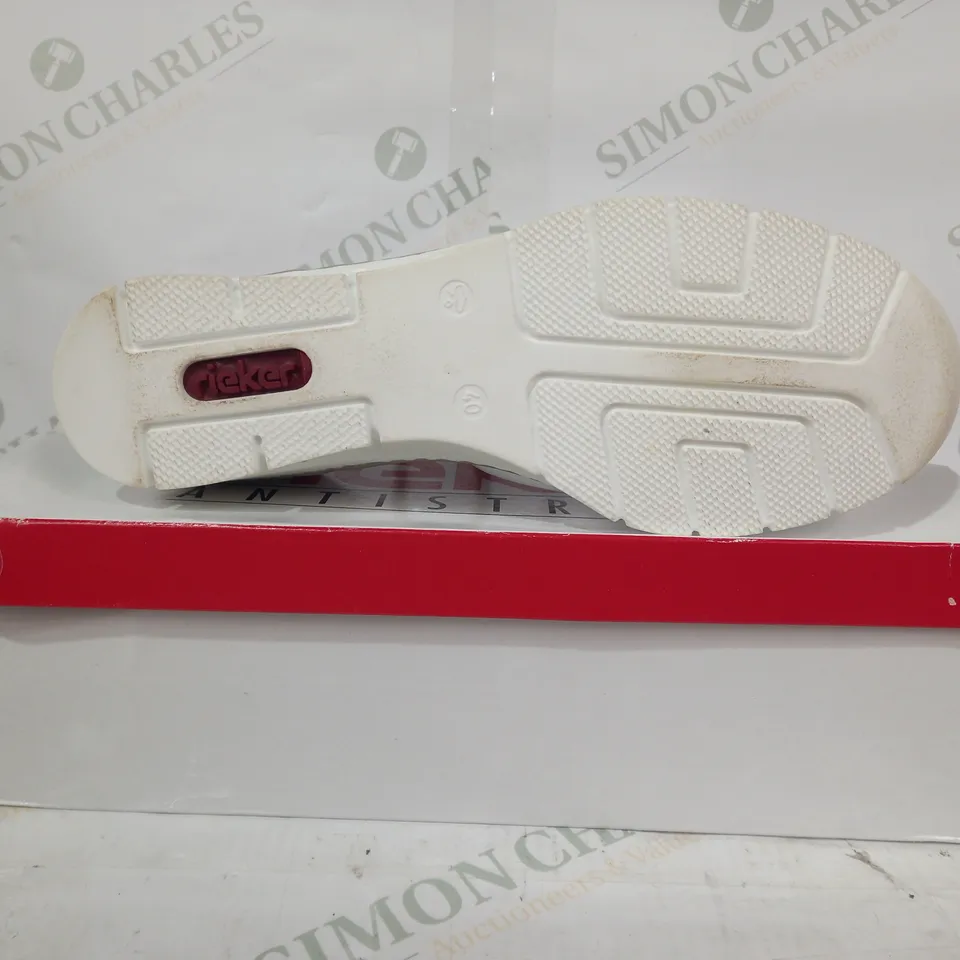 BOXED PAIR OF RIEKER SHOES IN WHITE/METALLIC ROSE GOLD EU SIZE 40