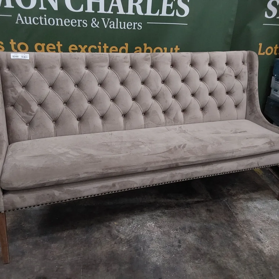 DESIGNER UPHOLSTERED BUTTONED BACK BENCH WITH STUDDED DETAIL FAWN PLUSH FABRIC