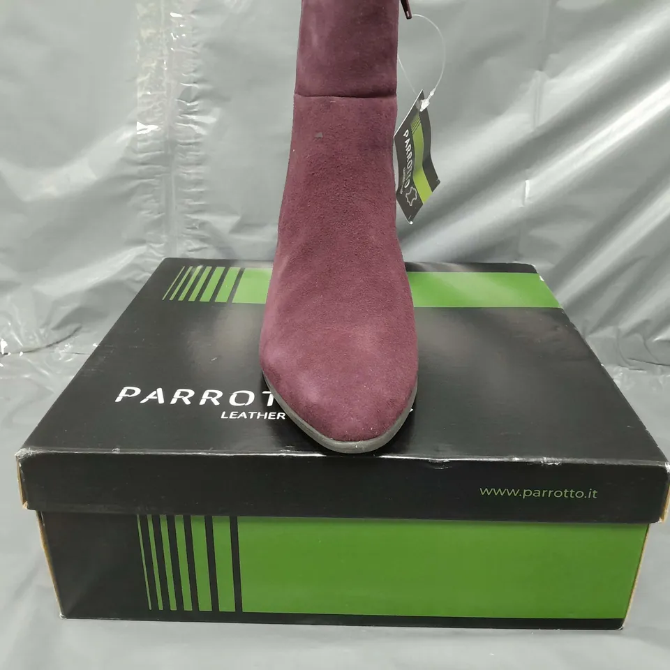 BOXED PAIR OF PARROTTO BLOCK HEEL ANKLE BOOTS IN DARK PURPLE EU SIZE 40