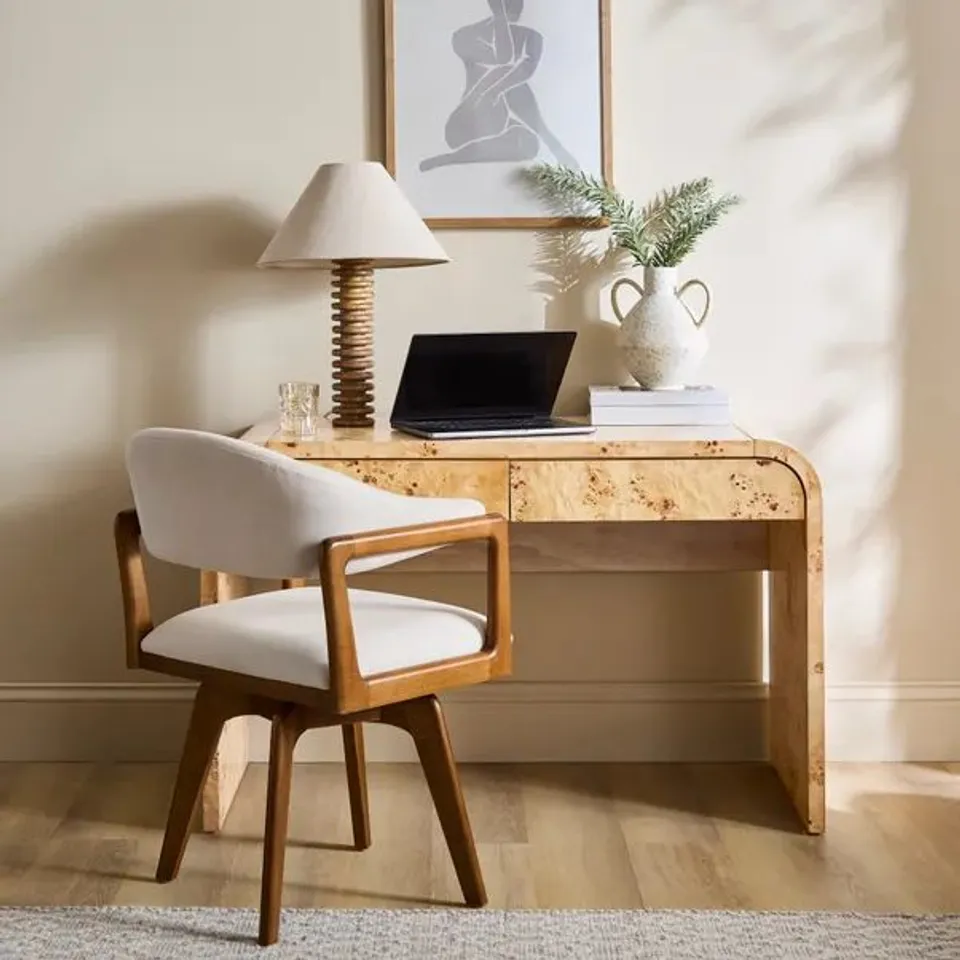 BOXED SEANA 2 DRAW DESK, BURL WOOD (1 BOX)