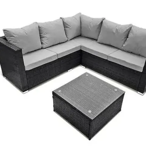 BOXED 5-SEATER TEMPLE RATTAN CORNER SOFA SET - BLACK (1 BOX)