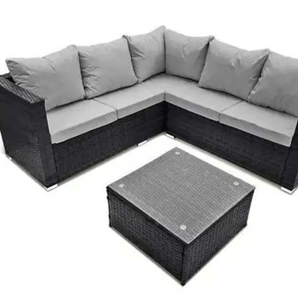 BOXED 5-SEATER TEMPLE RATTAN CORNER SOFA SET - BLACK (1 BOX)