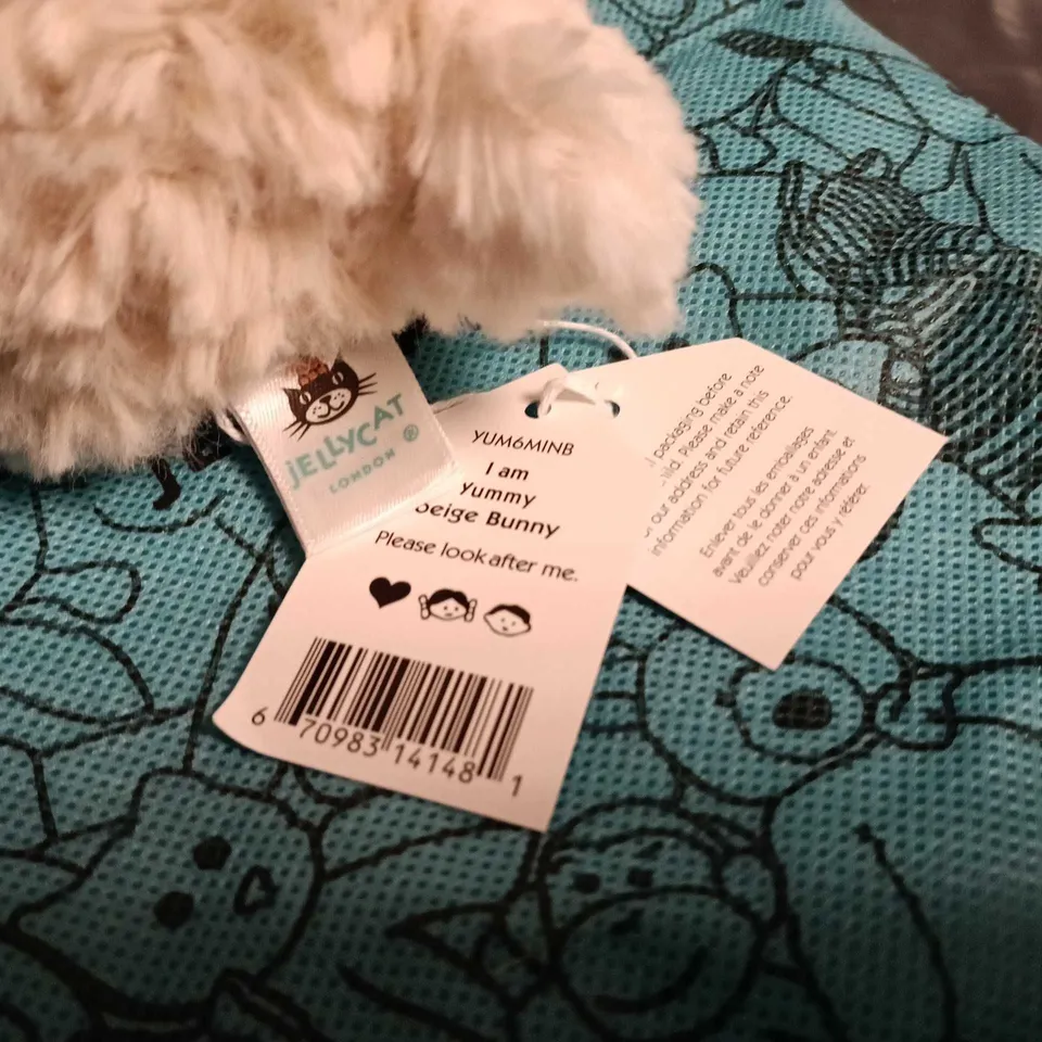 JELLYCAT BUNNY PLUSH TOY – WHITE, WITH TEAL DRAWSTRING BAG