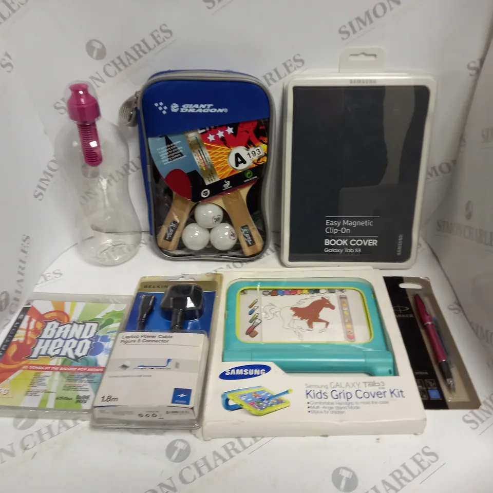 APPROXIMATELY 20 ASSORTED HOUSEHOLD & ELECTRICAL PRODUCTS TO INCLUDE GALAXY TABLET COVER, TABLE TENNIS SET, PARKER FOUNTAIN PEN ETC 