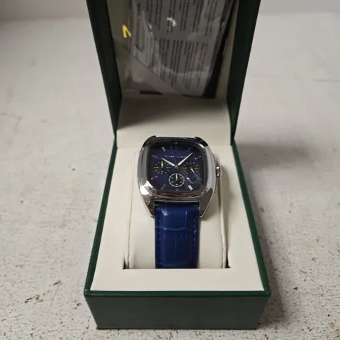 MANN EGERTON CHRONOGRAPH WRISTWATCH – BLUE DIAL, BLUE LEATHER STRAP, BOXED