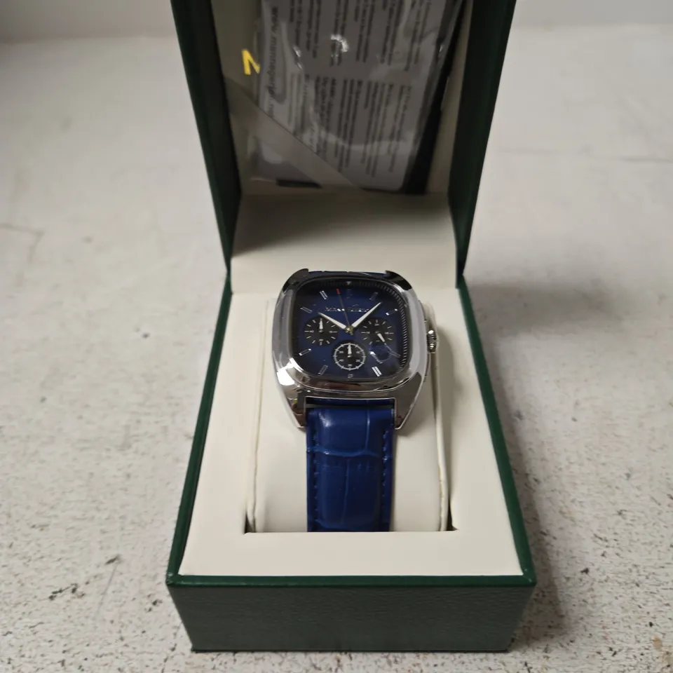 MANN EGERTON CHRONOGRAPH WRISTWATCH – BLUE DIAL, BLUE LEATHER STRAP, BOXED