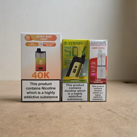 APPROXIMATELY 15 ASSORTED E-CIGARETTE AND VAPE PRODUCTS TO INCLUDE AURA BAR, TITAN X, ETC - COLLECTION ONLY