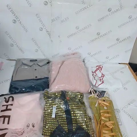 LARGE BOX OF ASSORTED CLOTHING ITEMS IN VARIOUS COLOURS AND SIZES INCLUDING TROUSERS , TOPS AND JUMPERS