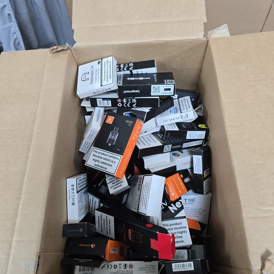 BOX OF APPROXIMATELY 50 ASSORTED E-CIGARETTES AND ACCOMPANIMENTS TO INCLUDE: VARIOUS SMOK COIL PRODUCTS 