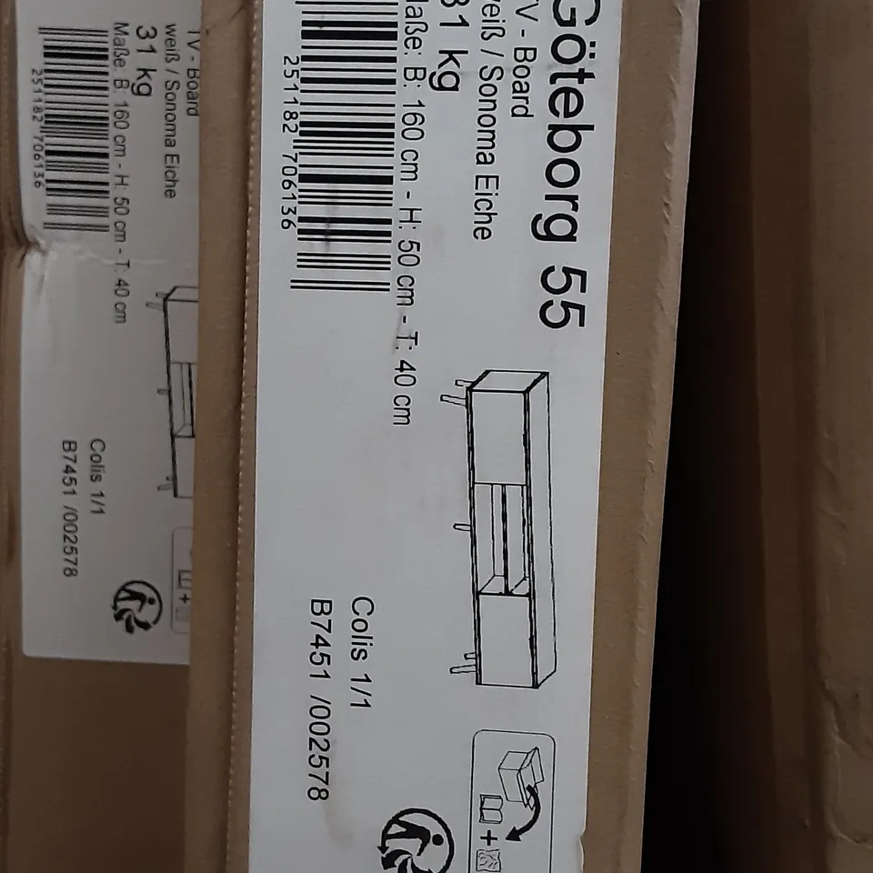 BOXED DESIGNER GÖTEBORG 55 TV UNIT CABINET IN WHITE/SONOMA OAK  - B:160 CM - H:50 CM - T:40 CM