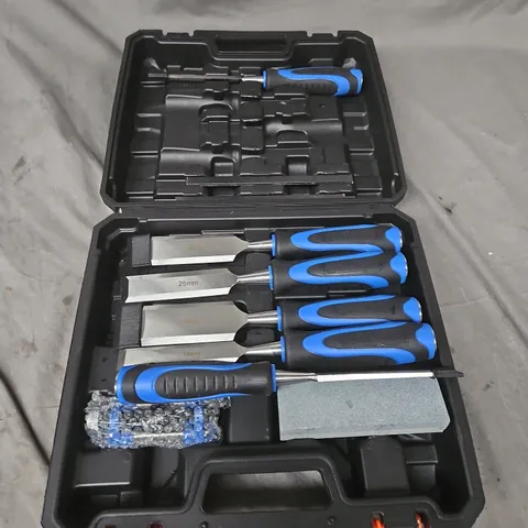 Tool Set with Blue-Handled Chisels in Carry Case