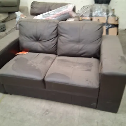 SIX ASSORTED DESIGNER UPHOLSTERY PRODUCTS TO INCLUDE; BROWN FAUX LEATHER TWO SEATER, FAUX LEATHER ARM CHAIR, BEIGE FABRIC SOFA SECTION