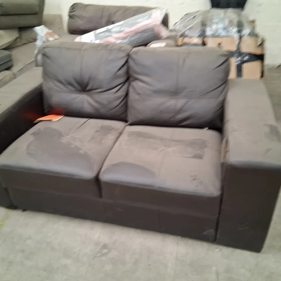 SIX ASSORTED DESIGNER UPHOLSTERY PRODUCTS TO INCLUDE; BROWN FAUX LEATHER TWO SEATER, FAUX LEATHER ARM CHAIR, BEIGE FABRIC SOFA SECTION