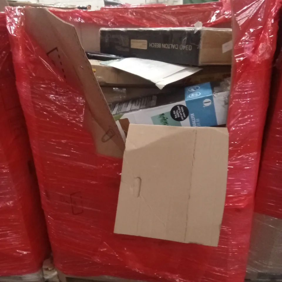 PALLET OF ASSORTED HOUSEHOLD GOODS AND PRODUCTS TO INCLUDE; DESK, CLOTHES AIRER, BOXED FURNITURE ETC