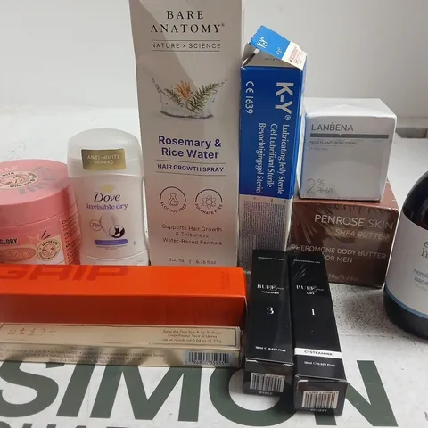 APPROX 12 ASSORTED BEAUTY PRODUCTS TO INCLUDE DOVE DEODORANT, BARE ANATOMY HAIR GROWTH SPRAY, LANBENA PORE STRIPS, ETC