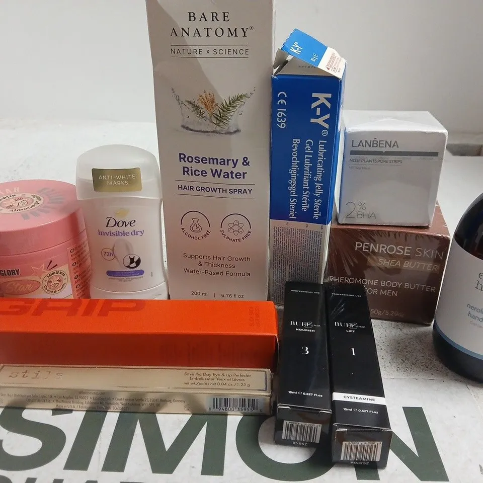 APPROX 12 ASSORTED BEAUTY PRODUCTS TO INCLUDE DOVE DEODORANT, BARE ANATOMY HAIR GROWTH SPRAY, LANBENA PORE STRIPS, ETC