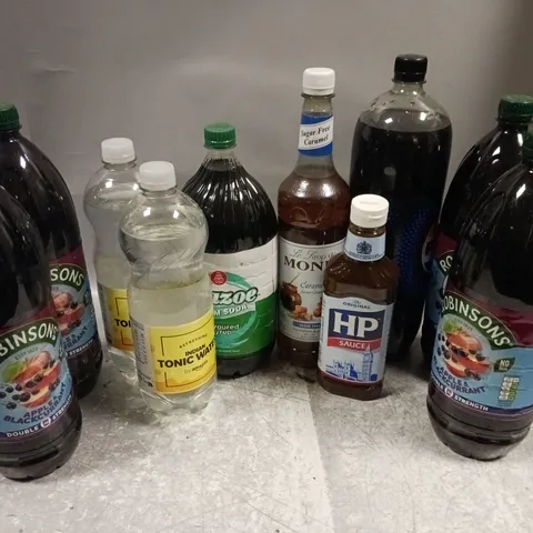 APPROXIMATELY 10 ASSORTED DRINK ITEMS TO INCLUDE ROBINSONS APPLE & BLACKCURRANT (1.75L), HP SAUCE (600g), INDIAN TONIC WATER (1L) - COLLECTION ONLY